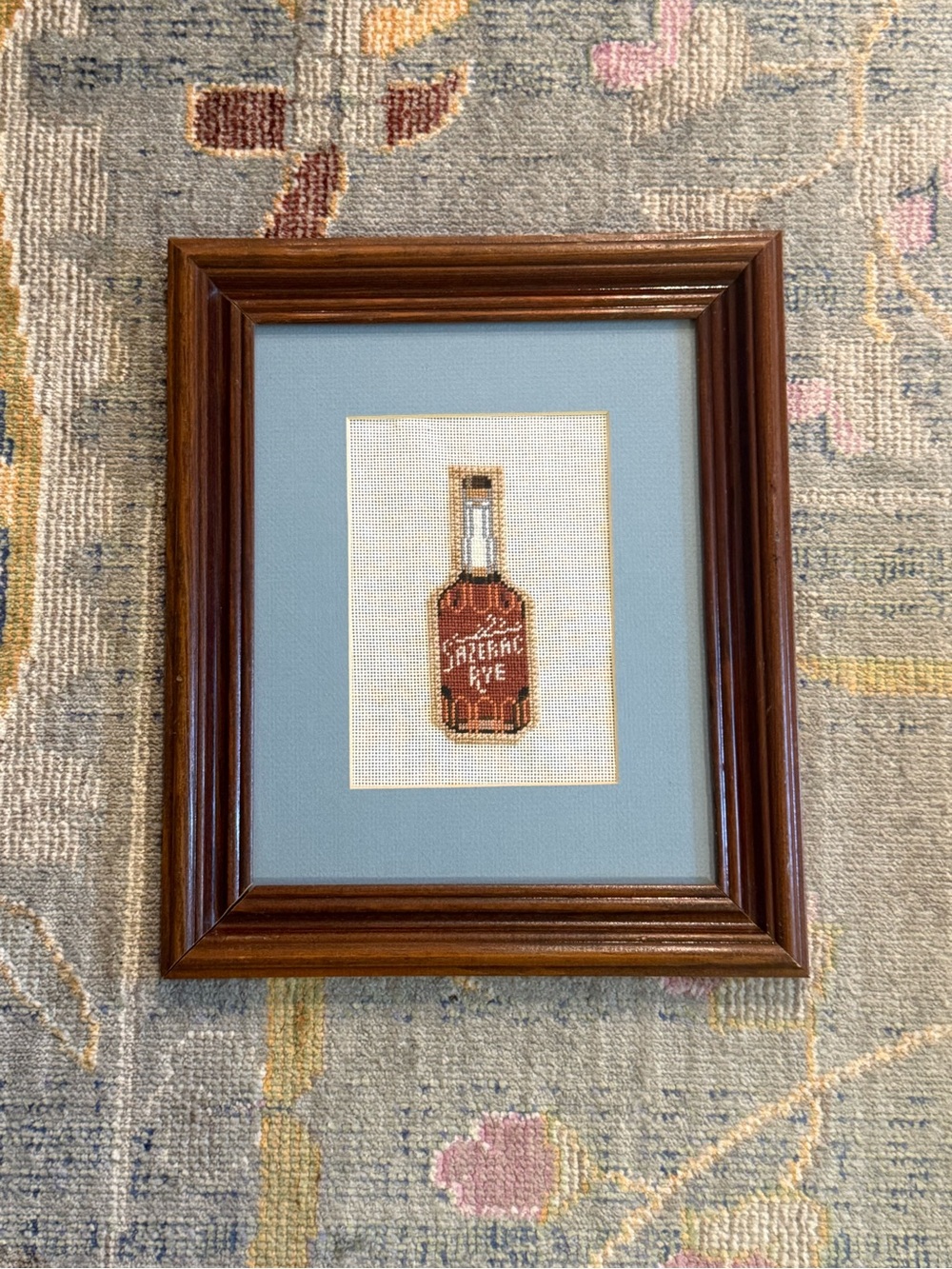 Sazerac Whiskey Bottle Needlepoint Framed Handmade Bar Cart Art 8x10 New Orleans